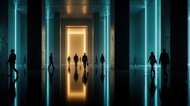 Business people walk through a modern futuristic corridor with glowing neon lights. Figures move through a sleek, symmetrical passageway reflecting on a wet floor surface.