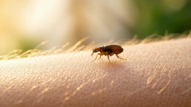 flea insect on skin close up in natural morning light video