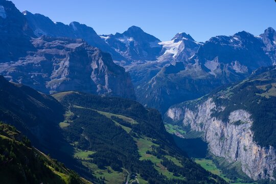 panorama of the mountains walley of the tourist region of the Swiss Alps