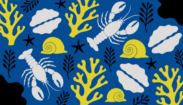 Vibrant lobster pattern design with colorful sea life and coral reef