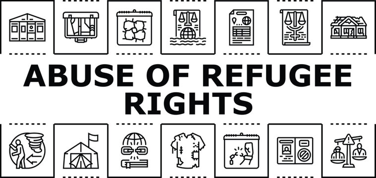 Abuse of refugee rights banner infographic. Exploitation neglect, detention displacement, persecution vulnerability icon vector illustration