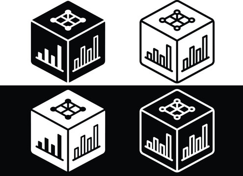 3D data cube with business growth charts icon set, data warehousing symbol