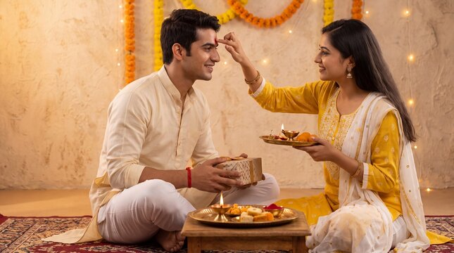 Happy bhai dooj greeting card design featuring a sister applying tilak on her brother