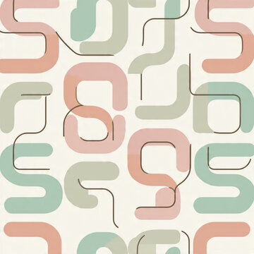 Abstract seamless pattern with pastel retro wavy tubular shapes and thin lines