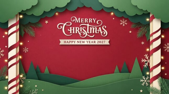 Merry christmas and happy new year 2027 paper cut landscape