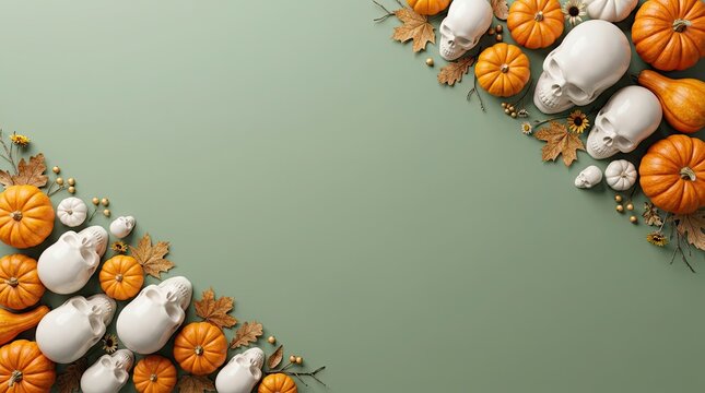 Halloween background with pumpkins, white skulls and autumn leaves in corners on sage green backdrop