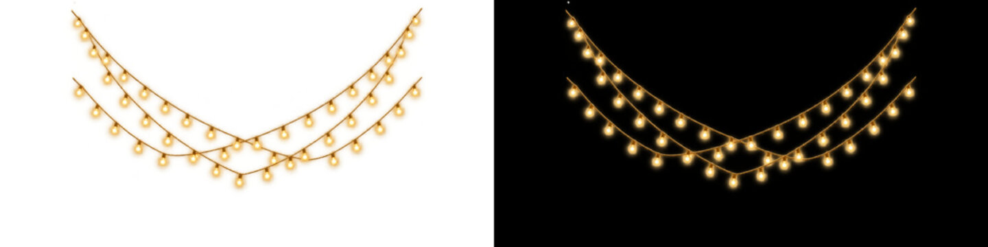 Double hanging golden string lights garland on transparent background, curved warm yellow fairy bulb swags with sparkles. Festive celebration illumination creates luxury Christmas party border.
