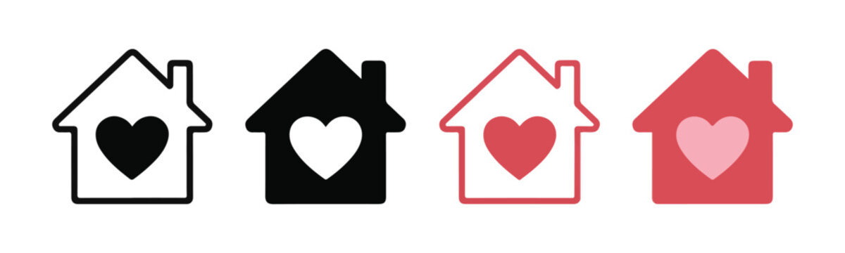 Set of house icons with heart symbol in various colors and styles for real estate and love concepts.