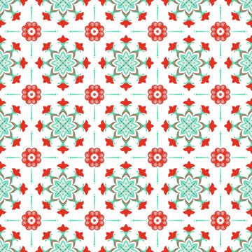 Seamless decorative pattern of alternating mint floral rosettes and red ornamental blossoms, linked by slender turquoise accents on a white ground, creating a crisp repeating textile design.