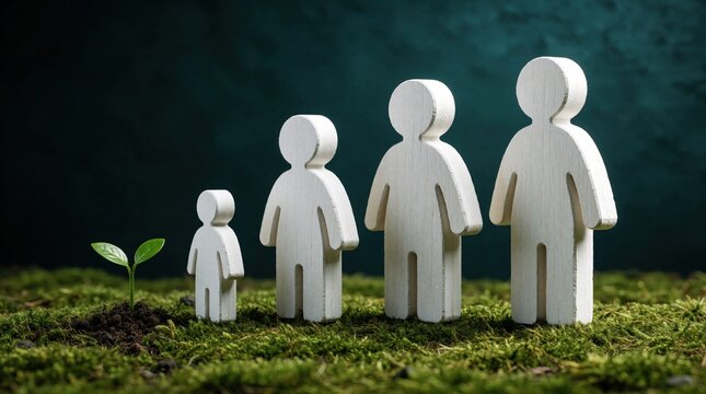 Wooden human figures grow in size next to small green plant sprout. Concept of multi generational wealth growth, family finance planning. Increasing investment value, economic success through
