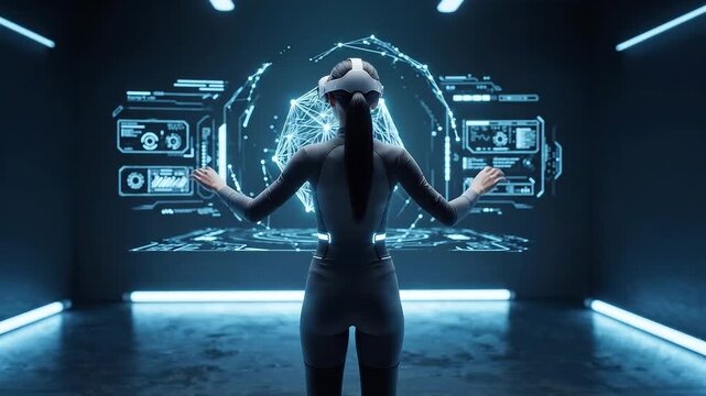 Woman wearing a virtual reality headset and interacting with futuristic digital interfaces, representing virtual reality, artificial intelligence, immersive technology, digital innovation, and the fut