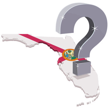 3D illustration symbolizing political doubts, future choices, and questions in Florida, featuring a metallic question mark on the state territory map with flag design (cut out)