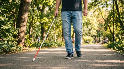 Obraz premium Blind man walking with white cane in sunny park, visually impaired person navigating outdoor path, disability and accessibility concept