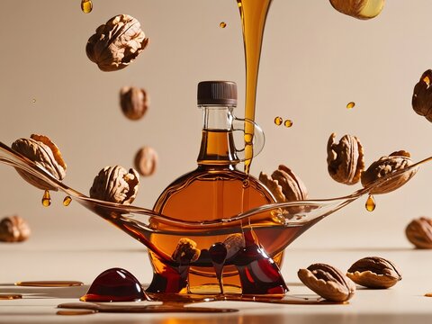 Golden Honey Pouring Over A Fresh Pile Of Nutritious Raw Walnut Kernels