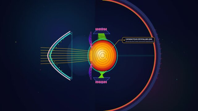 Medical animation of phacoemulsification cataract surgery showing tri-planar corneal micro-incision, ultrasonic cavitation, lens emulsification, continuous aspiration and restored optical clarity