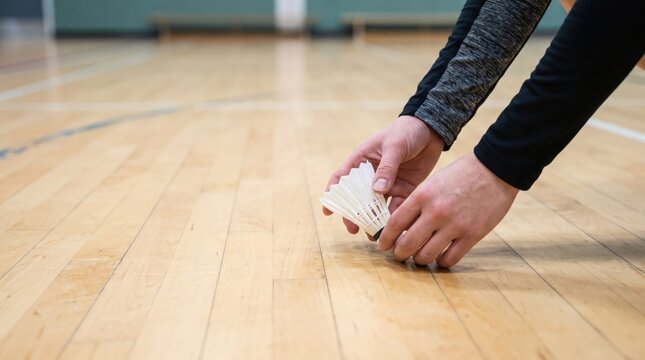 Unrecognizable young adult holding badminton shuttlecock on wooden court floor of indoor sports hall before game start preparation concept