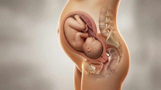 Medical illustration of a human fetus in the womb during late pregnancy showing anatomical detail