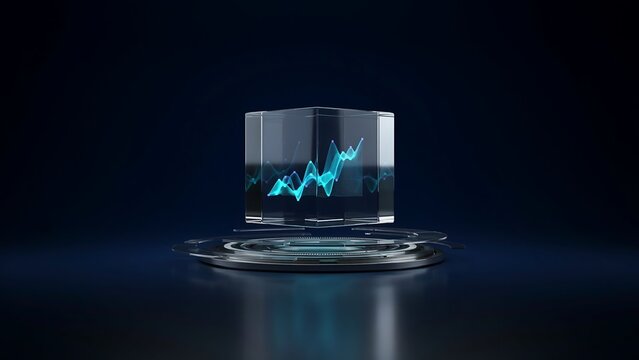 Futuristic glass cube displaying digital glowing blue wave charts floating above futuristic metallic platform