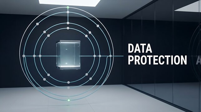 Digital data protection concept with glowing circular interface and secure server rack visualization
