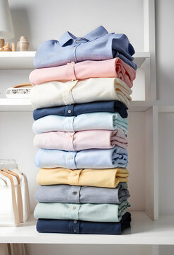 Organization and home storage, stack of folded colorful shirts on a shelf for laundry and wardrobe management in a clean minimalist closet interior