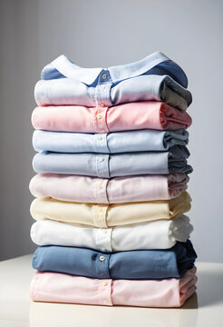 Organization and minimalism, stack of neatly folded colorful cotton shirts for laundry or retail fashion concept on a clean light background
