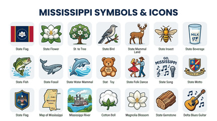 Obraz premium Mississippi State Symbols And Icons Sheet Featuring Official State Wildlife Plants Geography Culture And Travel Illustrations Vector