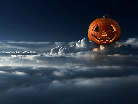 Glowing carved jackolantern floating above fluffy dark clouds in a night sky