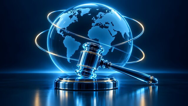 Glowing digital gavel in front of an earth globe representing international cyber law and global internet governance