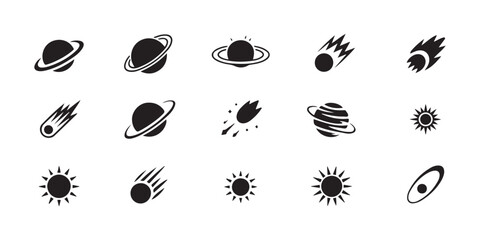 Space and astronomy icons with planets comets and stars for educational science materials and cosmic designs. © Md