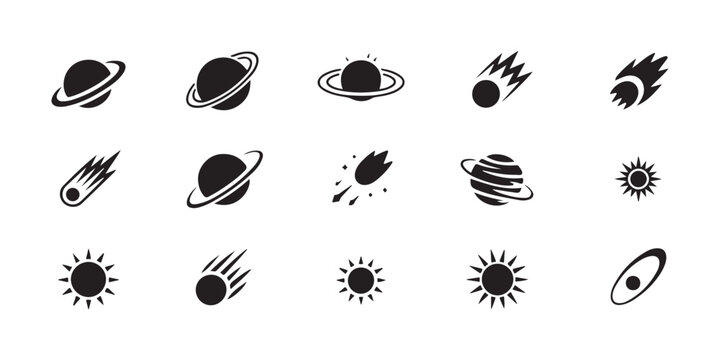 Space and astronomy icons with planets comets and stars for educational science materials and cosmic designs.