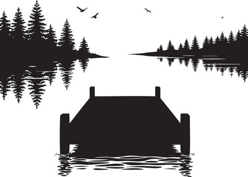 Landscape featuring a wooden pier silhouette on a serene lake surrounded by evergreen trees.