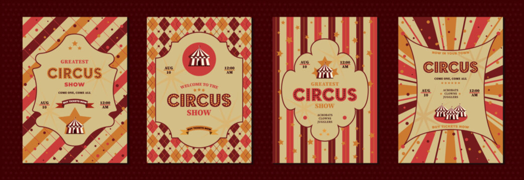 Vintage red and gold circus show poster template with retro typography and marquee tent. Invitation to the fair
