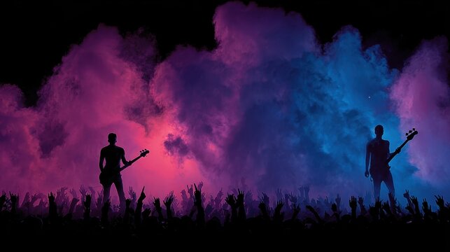 Rock Band Silhouette Perform at Concert Under Stage Smoke and Colorful Lights