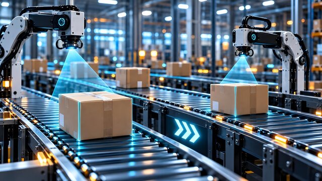 Robotic arms with glowing blue laser scanners analyzing cardboard boxes on an automated factory conveyor belt for smart warehouse logistics