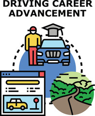 Obraz premium Graphic representing a person with a graduation cap next to a car on a journey, symbolizing education and successful progression along a career path