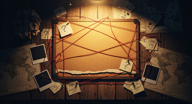 Detective Investigation Cork Board With Red String Notes