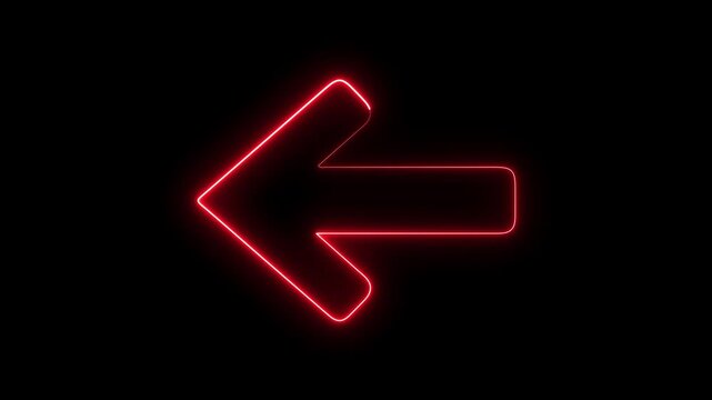 Glowing red neon left arrow sign pulsing on black background, for digital interface, and navigation
