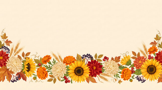 Autumn floral border with sunflowers mums wheat and colorful fall leaves