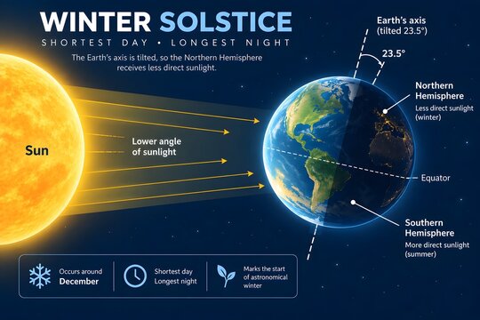 Flat vector illustration diagram showing Earth's tilted axis during the winter solstice, ideal for astronomy and seasonal science education content.
