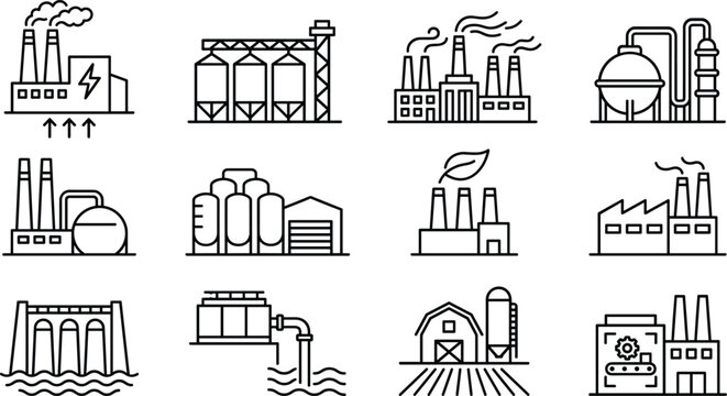Industrial factory and manufacturing plant line icon set representing heavy industry power energy and production concepts