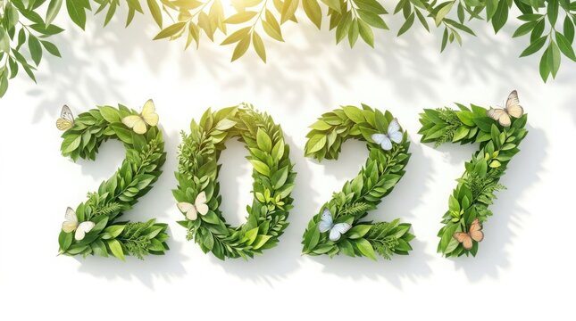 2027 new year made of green leaves and flowers
