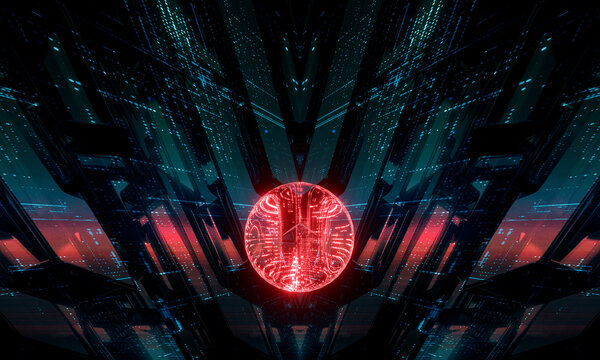 Abstract digital background with glowing red neon sphere core and futuristic matrix structure 3d render