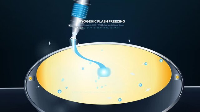Educational animation explaining the science of liquid nitrogen flash freezing for ice cream, showing molecular nucleation, vitrification, and cryogenic perfection