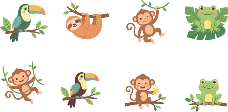 Collection of cute tropical jungle animals and exotic wildlife