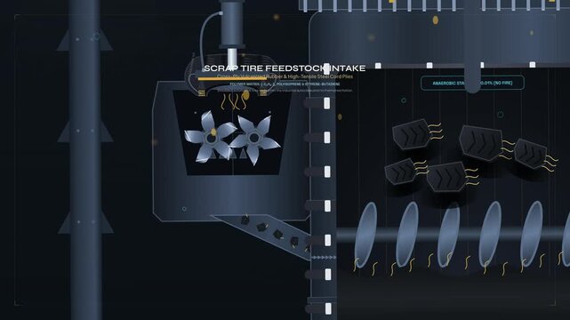 Tire pyrolysis industrial process animation, demonstrating scrap tire feedstock intake, anaerobic thermal induction, macromolecular scission, bio oil recovery, and closed loop energy transformation