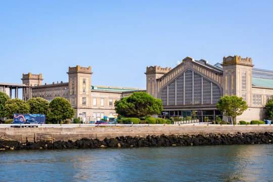 Cherbourg, France - July 21, 2026: North facade of the former Transatlantic Maritime station, with the transatlantic hall (left) and the railway hall (right), home to the Cite de la Mer museum.