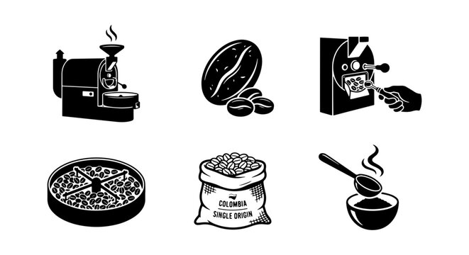 Coffee Roasting Process Icons, Bean Preparation Vector Set, Hot Beverage Icons