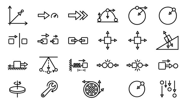 dynamics and kinematics classical mechanics physics vector icon set.