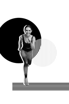Composite collage picture image of&nbsp;young sportswoman running sprint have fun&nbsp;bizarre unusual fantasy billboard comics