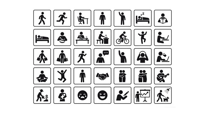 Minimalist Black Stick Figure Icons Grid on Textured Background